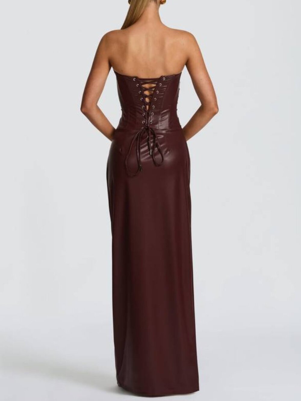 NEW BABYBOO Maxi Dress Burgundy Red Size M Alba Faux Leather Boned Cowl Neck - Picture 3 of 14